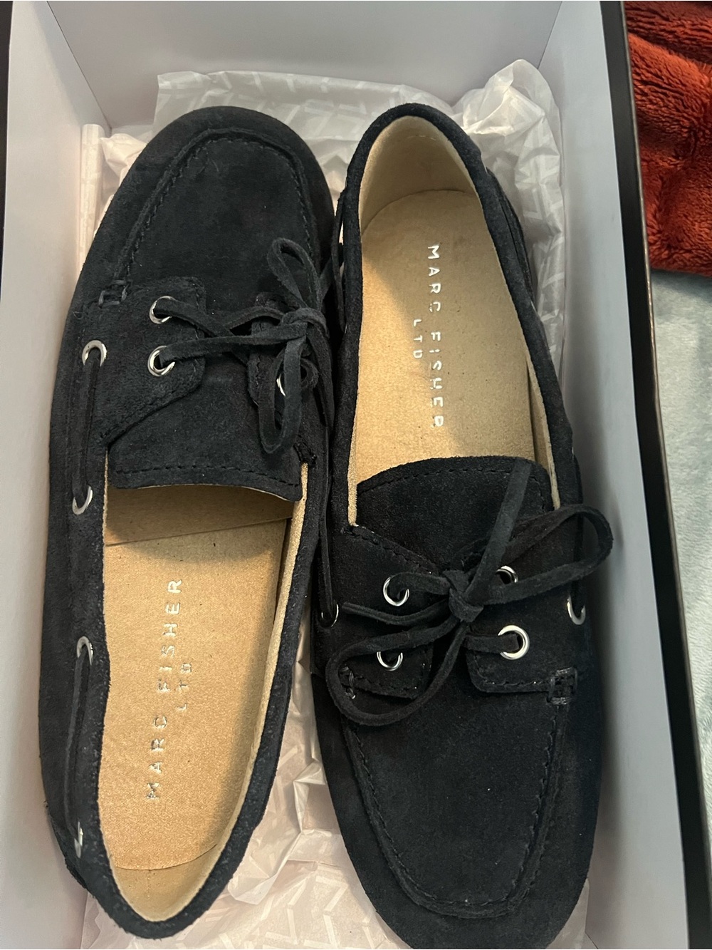 Marc Fisher Black Suede Boat Shoes with Lace Detail